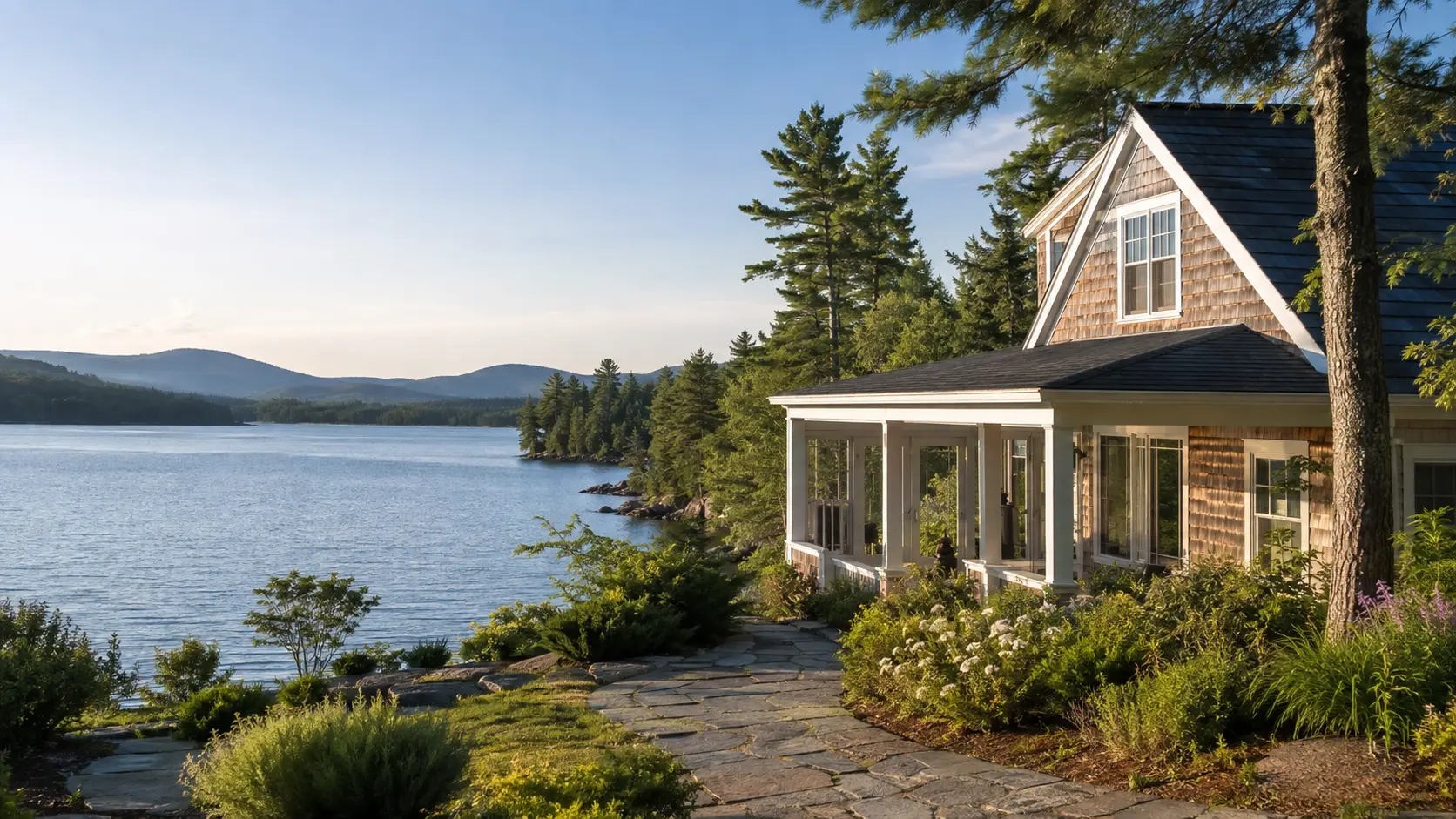 A welcoming New England lake home surrounded by pines and mountains